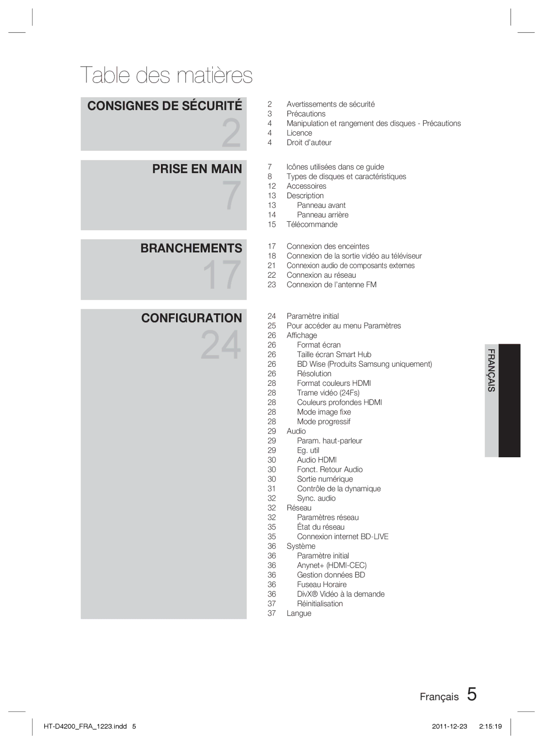 Samsung HT-D4200/ZF, HT-D4200/XN, HT-D4200/EN manual Table des matières 