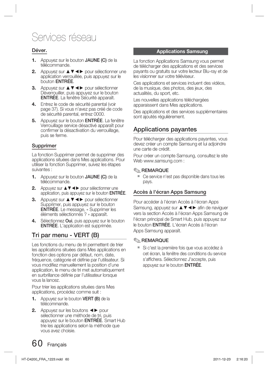 Samsung HT-D4200/XN, HT-D4200/EN, HT-D4200/ZF manual Tri par menu Vert B, Applications payantes, Applications Samsung 