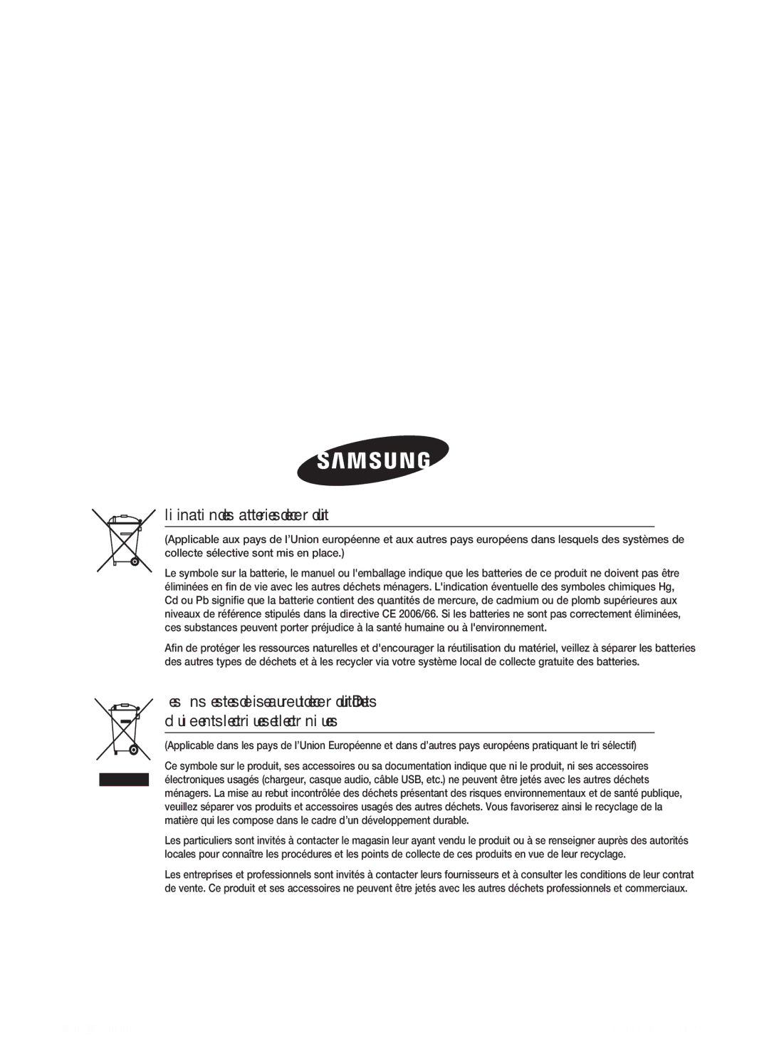 Samsung HT-D4200/ZF, HT-D4200/XN, HT-D4200/EN manual Elimination des batteries de ce produit 