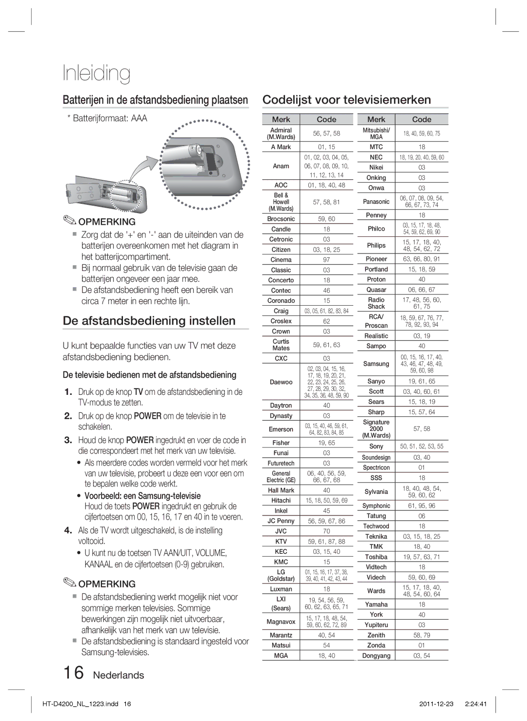 Samsung HT-D4200/XN, HT-D4200/EN, HT-D4200/ZF manual Codelijst voor televisiemerken, De afstandsbediening instellen 