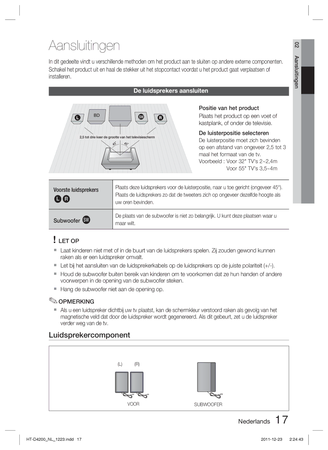 Samsung HT-D4200/EN, HT-D4200/XN Aansluitingen, Luidsprekercomponent, De luidsprekers aansluiten, Positie van het product 