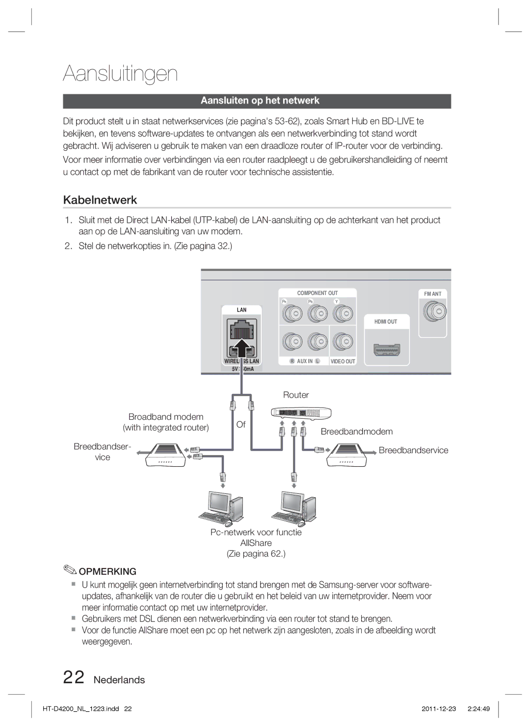 Samsung HT-D4200/XN, HT-D4200/EN manual Aansluiten op het netwerk, Broadband modem, Breedbandser Vice, Router Breedbandmodem 