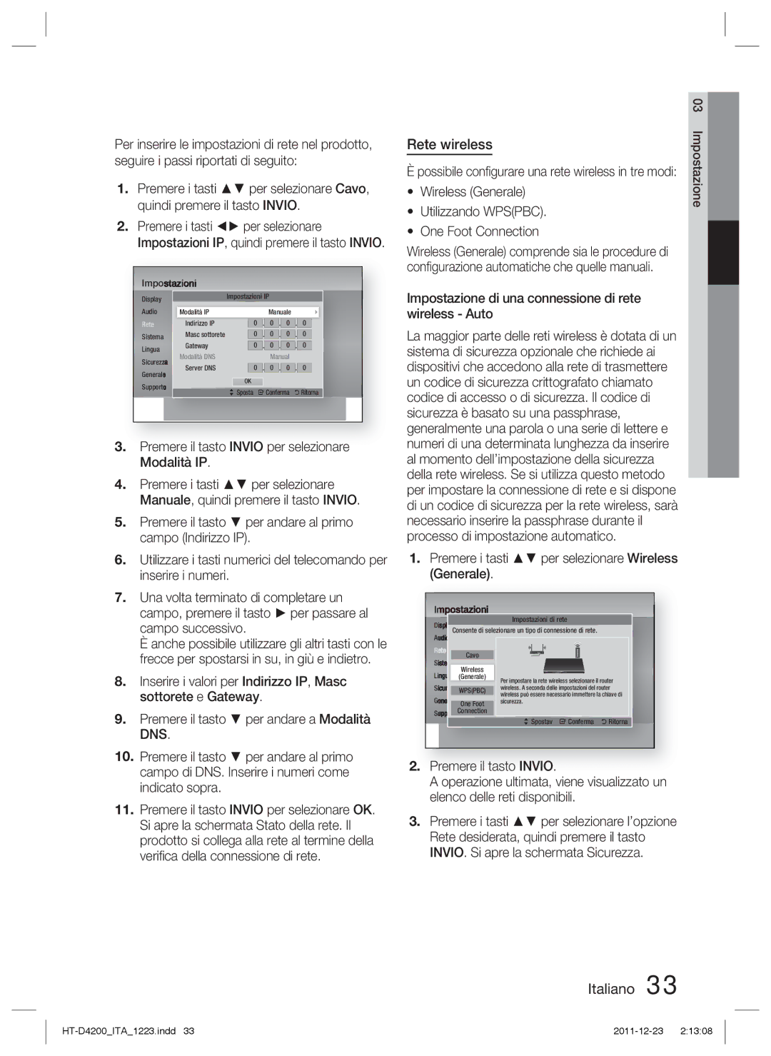 Samsung HT-D4200/ZF manual Rete wireless, Wireless Generale Utilizzando Wpspbc One Foot Connection 