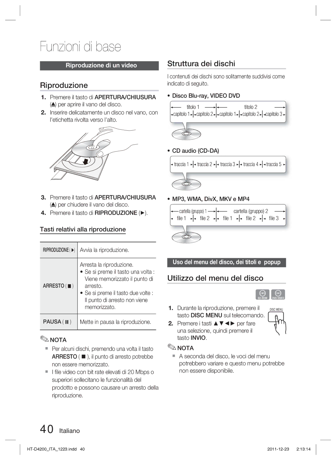 Samsung HT-D4200/ZF manual Funzioni di base, Riproduzione, Struttura dei dischi, Utilizzo del menu del disco 