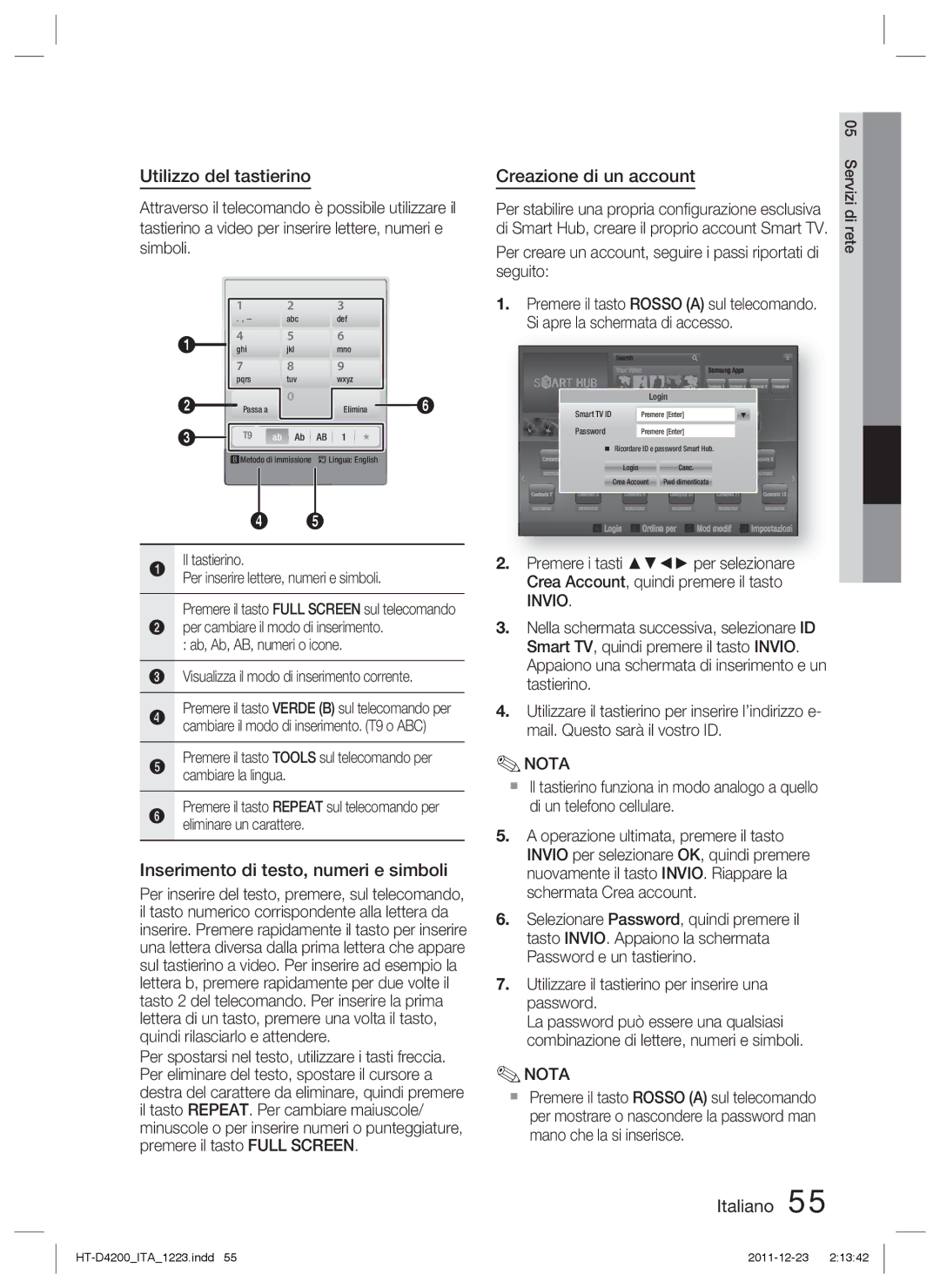 Samsung HT-D4200/ZF manual Utilizzo del tastierino, Inserimento di testo, numeri e simboli, Creazione di un account 