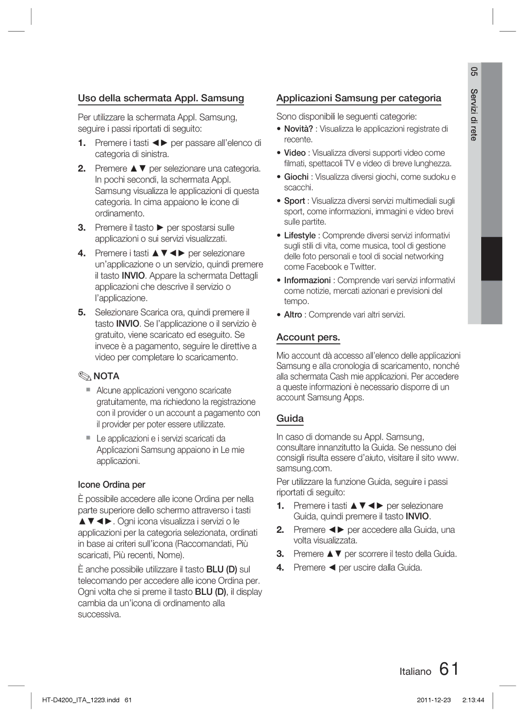 Samsung HT-D4200/ZF manual Uso della schermata Appl. Samsung, Applicazioni Samsung per categoria, Account pers, Guida 