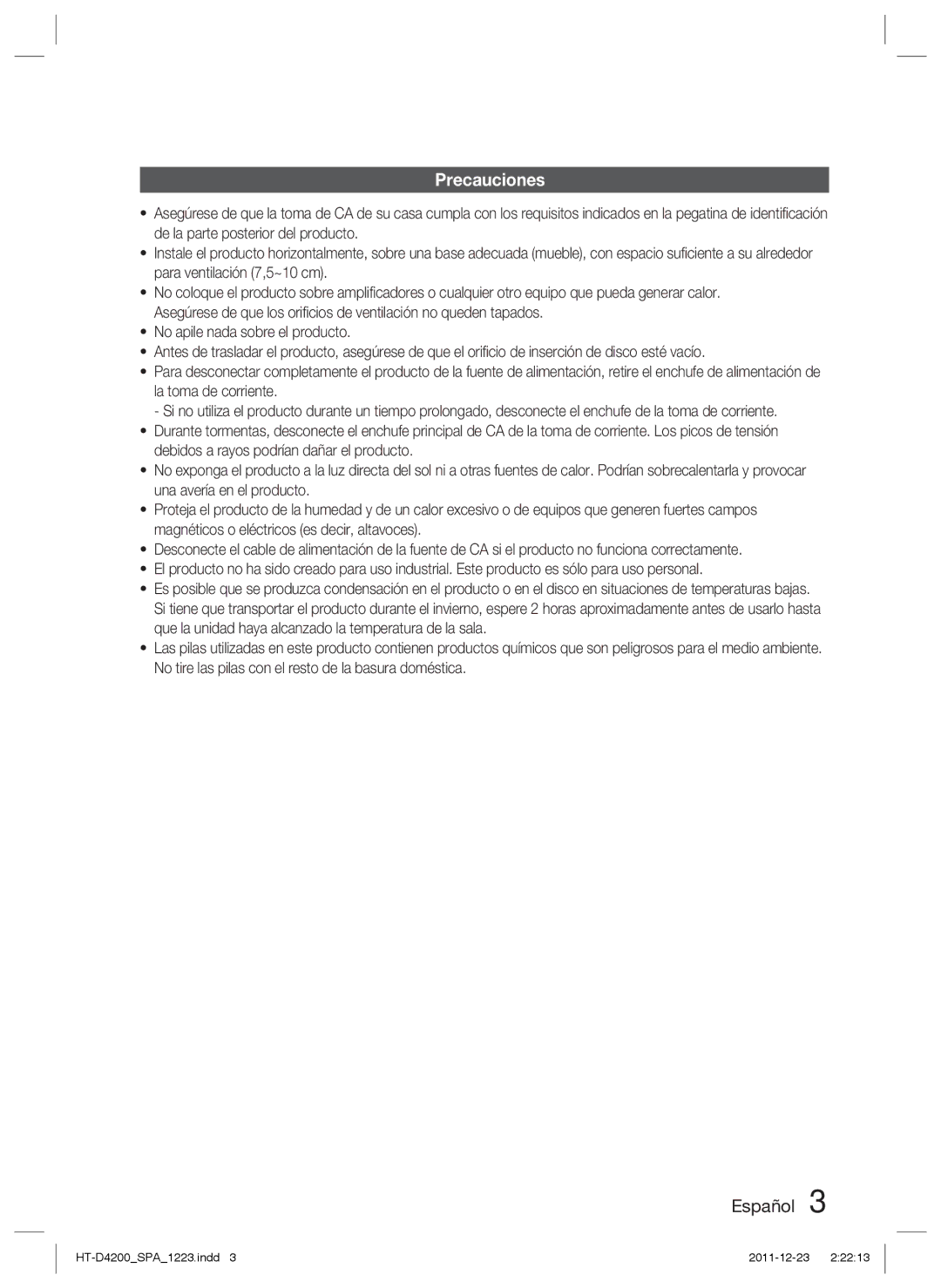 Samsung HT-D4200/ZF manual Precauciones 