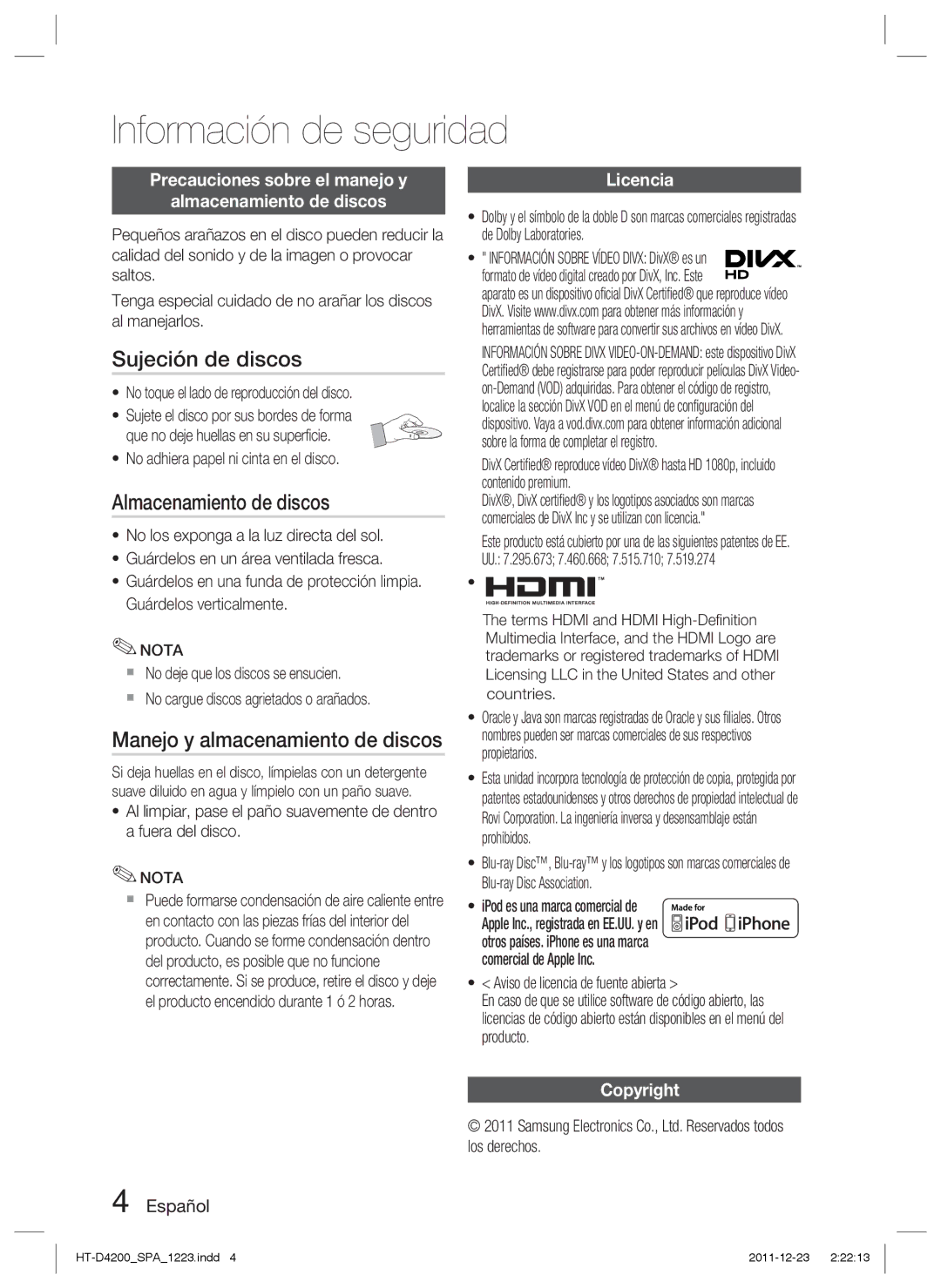 Samsung HT-D4200/ZF manual Sujeción de discos, Almacenamiento de discos, Manejo y almacenamiento de discos, Licencia 