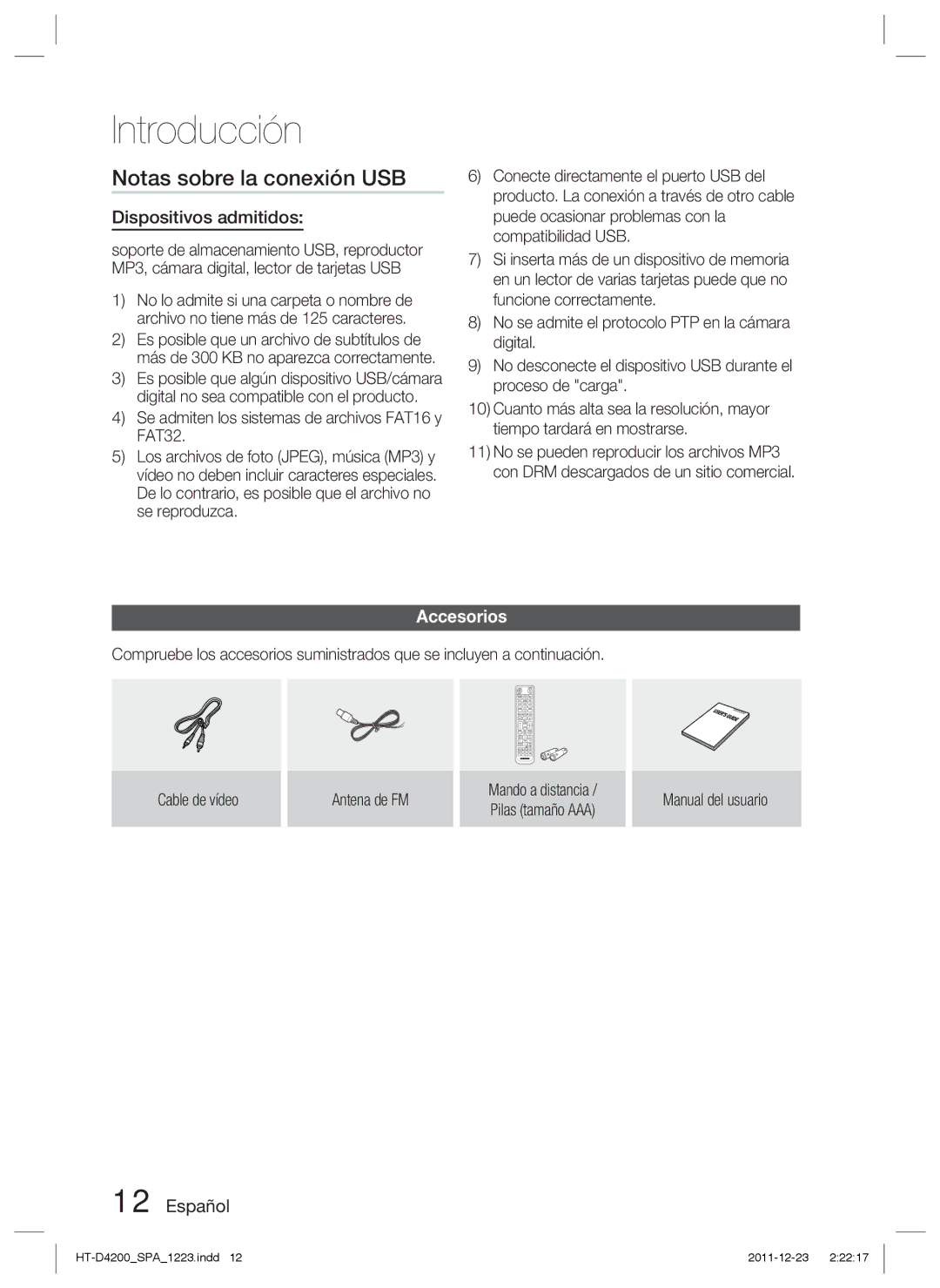 Samsung HT-D4200/ZF manual Notas sobre la conexión USB, Dispositivos admitidos, Accesorios, Manual del usuario 