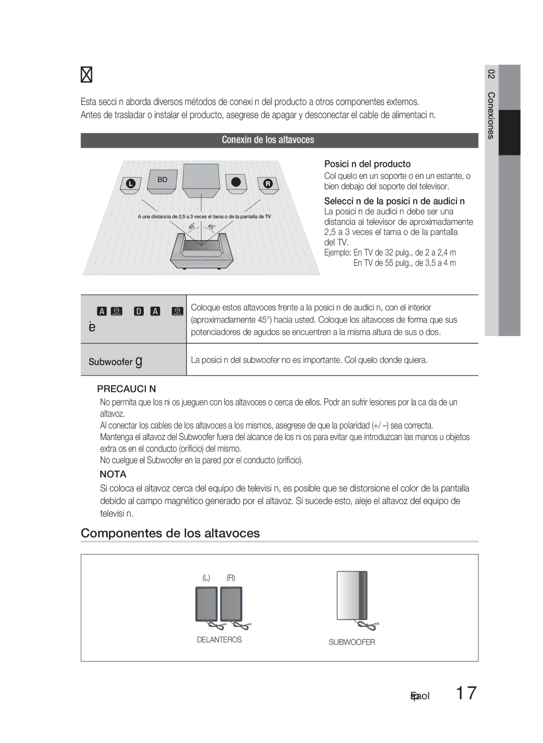 Samsung HT-D4200/ZF manual Conexiones, Componentes de los altavoces, Conexión de los altavoces, Posición del producto 