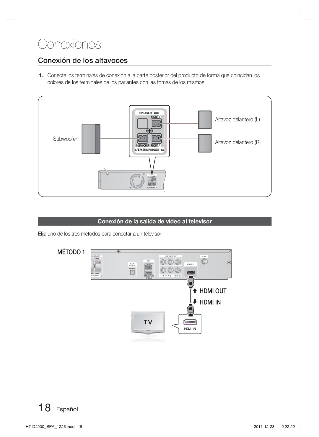 Samsung HT-D4200/ZF manual Conexión de los altavoces, Conexión de la salida de vídeo al televisor 