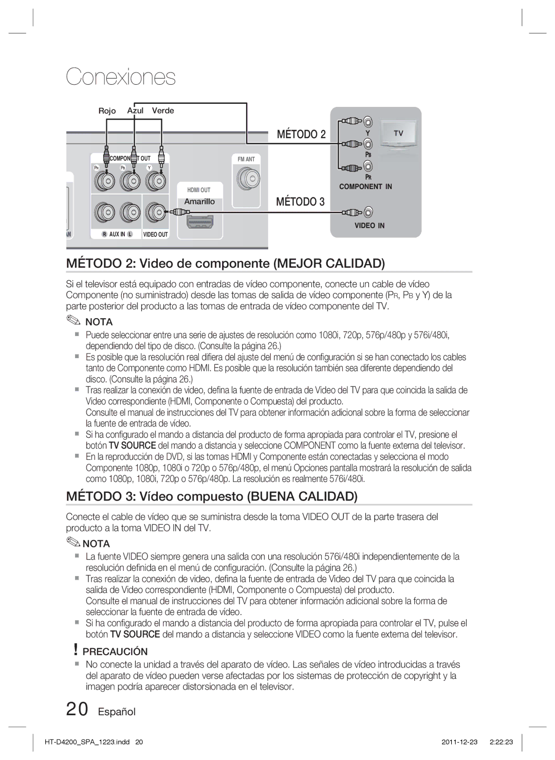 Samsung HT-D4200/ZF manual Método 2 Video de componente Mejor Calidad, Método 3 Vídeo compuesto Buena Calidad 