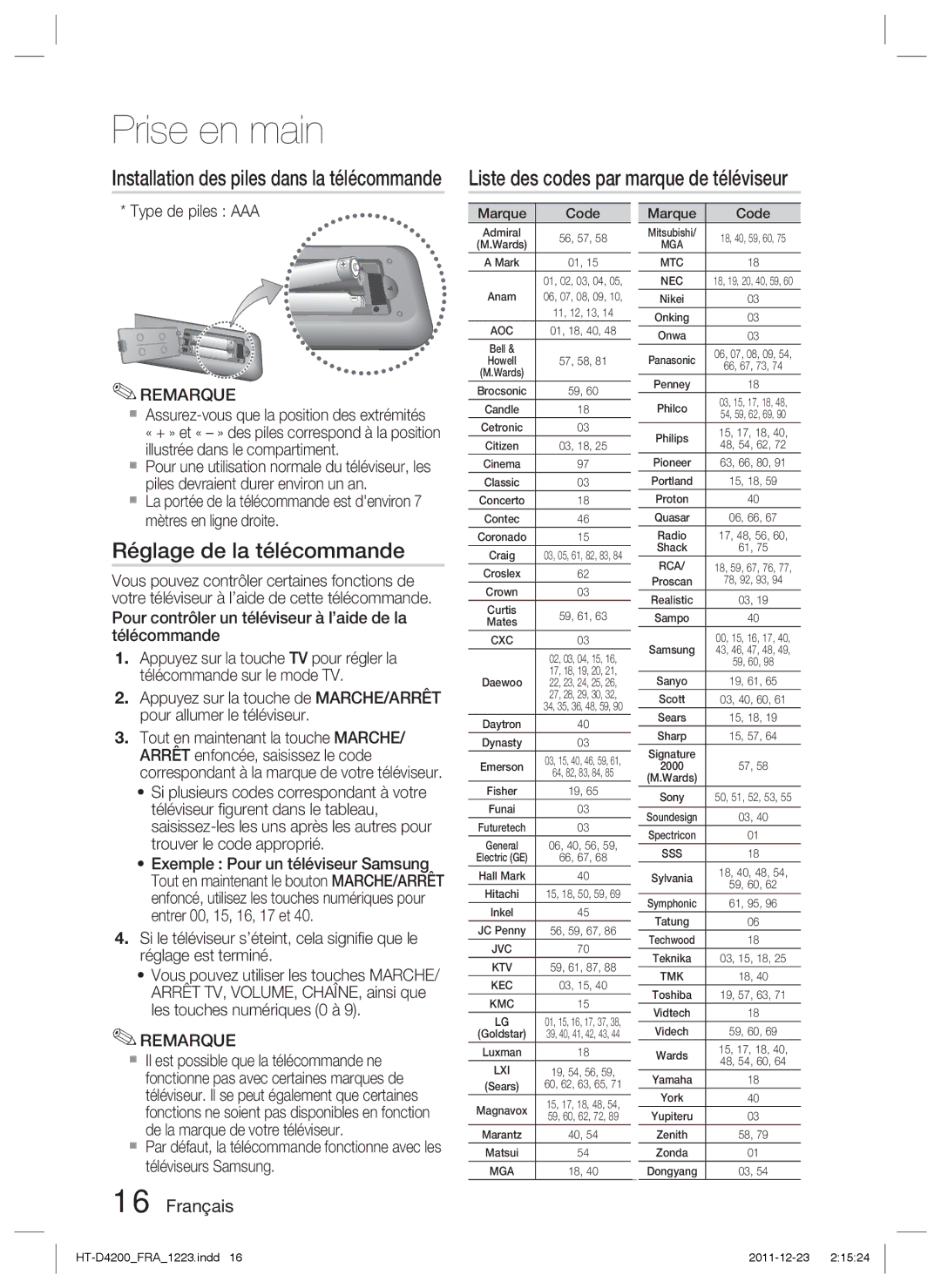 Samsung HT-D4200/ZF manual Liste des codes par marque de téléviseur, Réglage de la télécommande, Type de piles AAA 