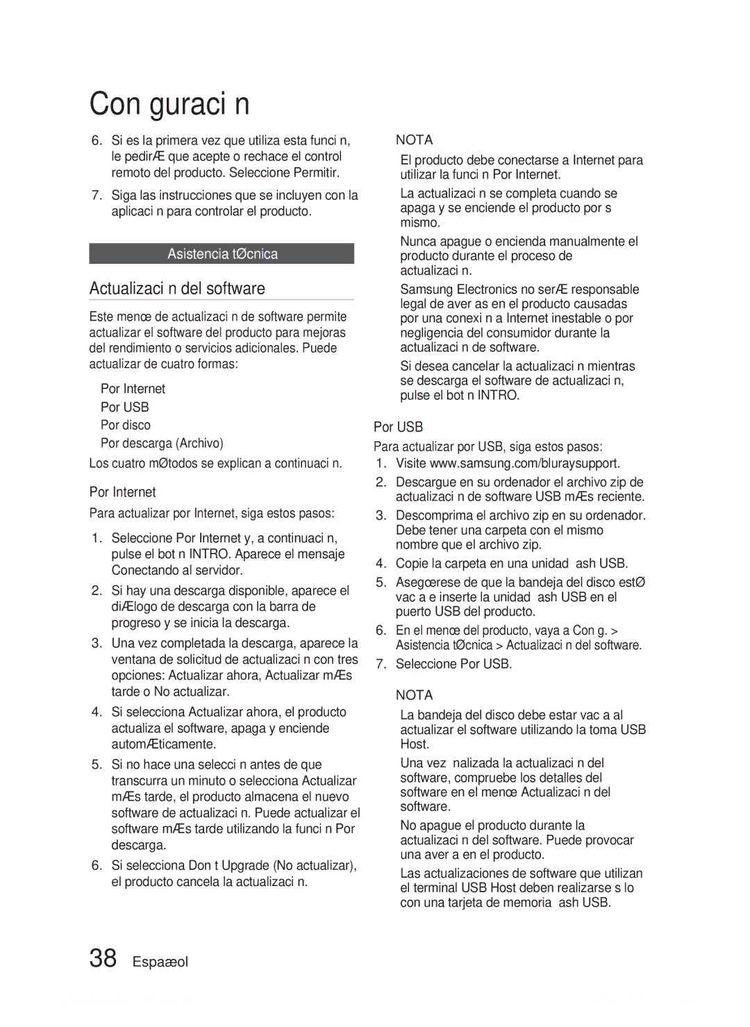 Samsung HT-D4200/ZF manual Actualización del software, Asistencia técnica, Por Internet, Por USB 