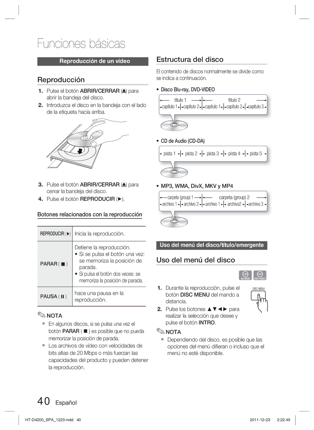 Samsung HT-D4200/ZF manual Funciones básicas, Reproducción, Estructura del disco, Uso del menú del disco 