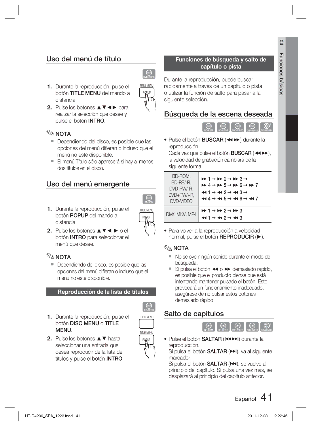 Samsung HT-D4200/ZF manual Uso del menú de título, Uso del menú emergente, Salto de capítulos 