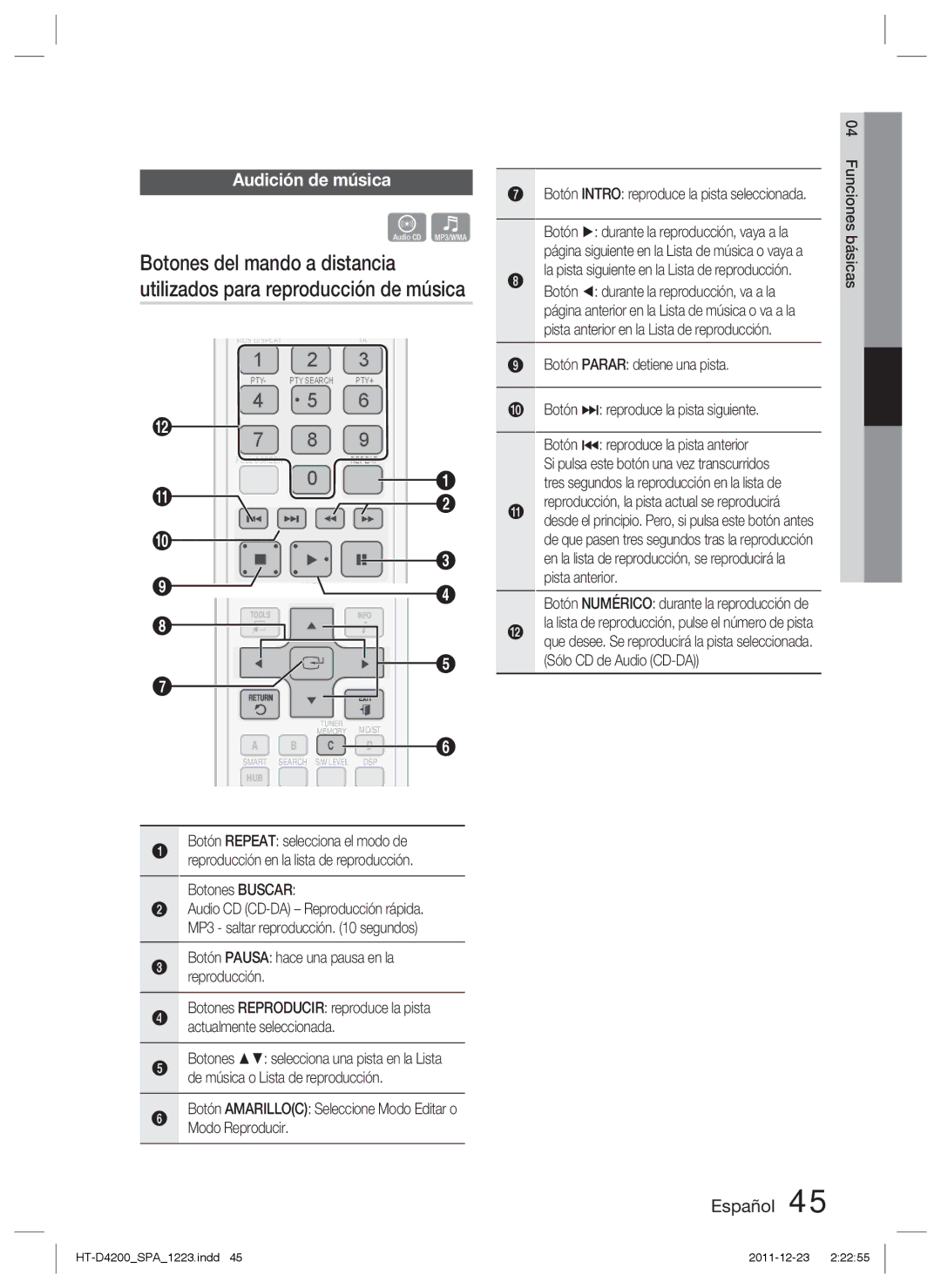 Samsung HT-D4200/ZF manual Audición de música, Botones Buscar, Botón Amarilloc Seleccione Modo Editar o Modo Reproducir 