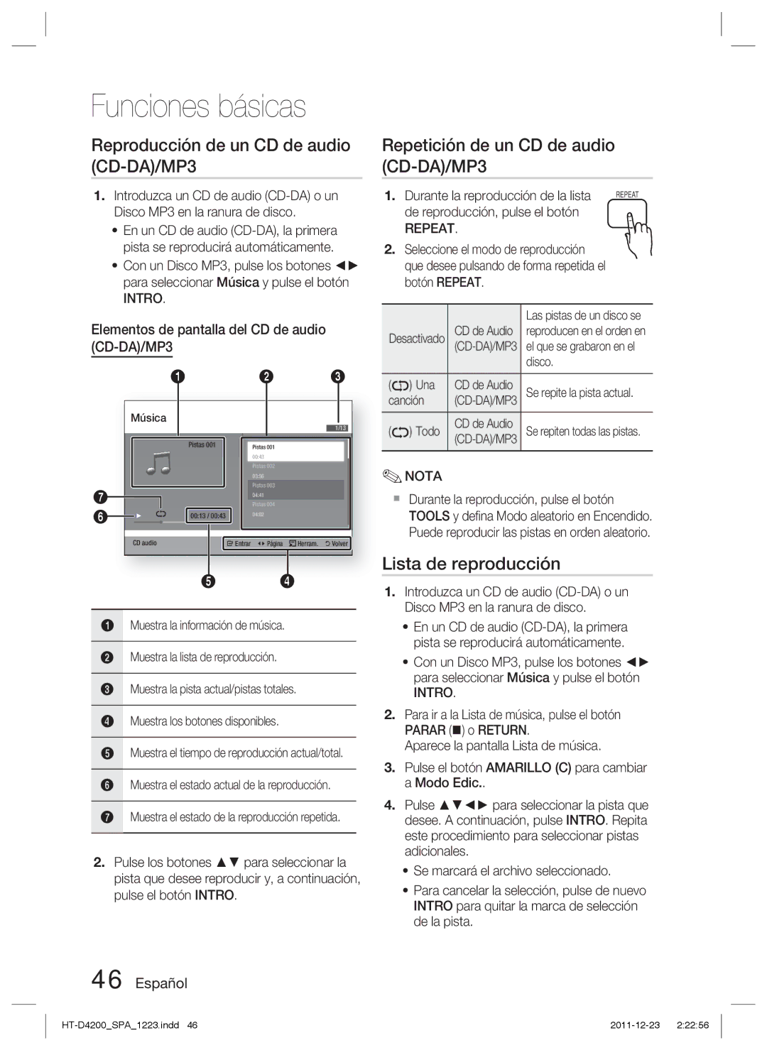 Samsung HT-D4200/ZF manual Reproducción de un CD de audio CD-DA/MP3, Repetición de un CD de audio CD-DA/MP3 