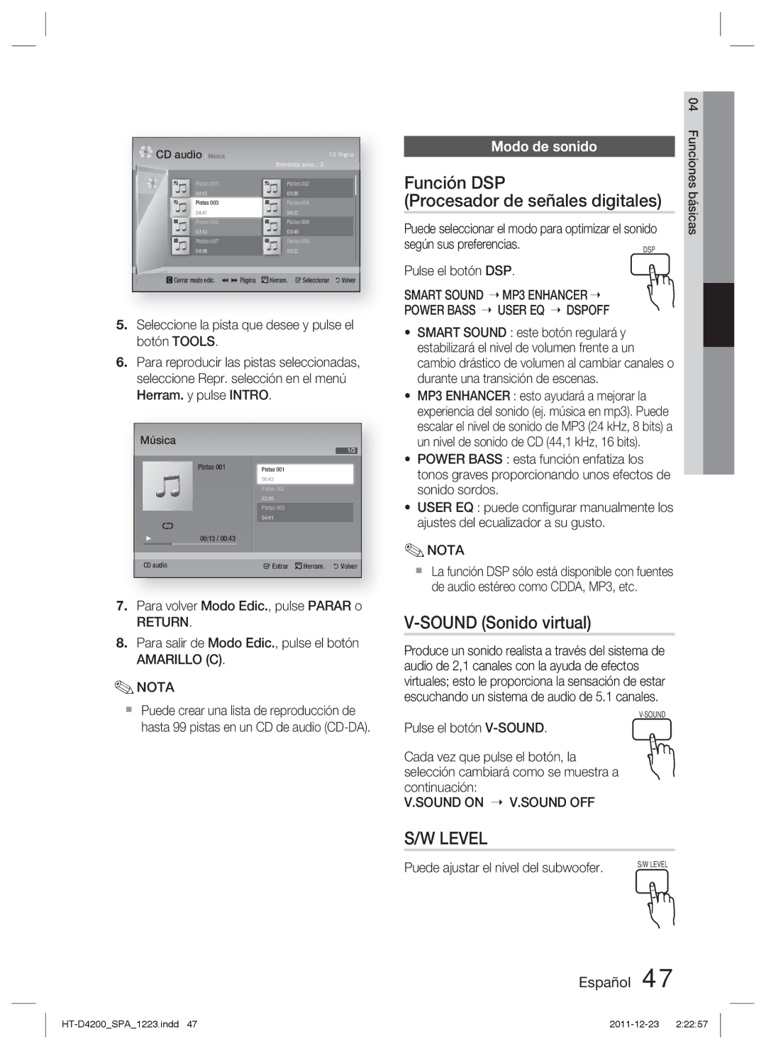 Samsung HT-D4200/ZF manual Función DSP Procesador de señales digitales, Sound Sonido virtual, Modo de sonido 