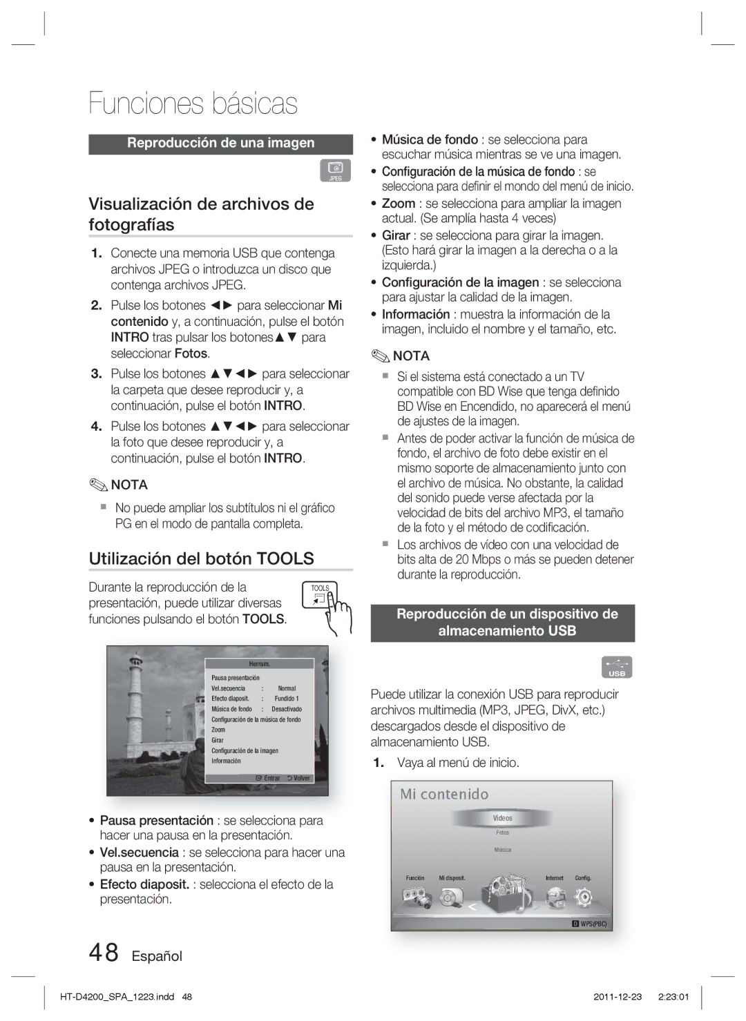 Samsung HT-D4200/ZF Visualización de archivos de fotografías, Utilización del botón Tools, Reproducción de una imagen 