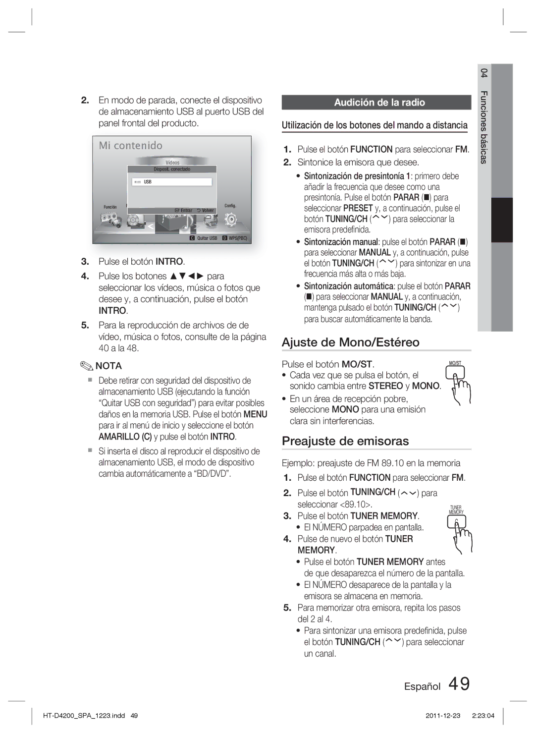 Samsung HT-D4200/ZF manual Ajuste de Mono/Estéreo, Preajuste de emisoras, Audición de la radio 