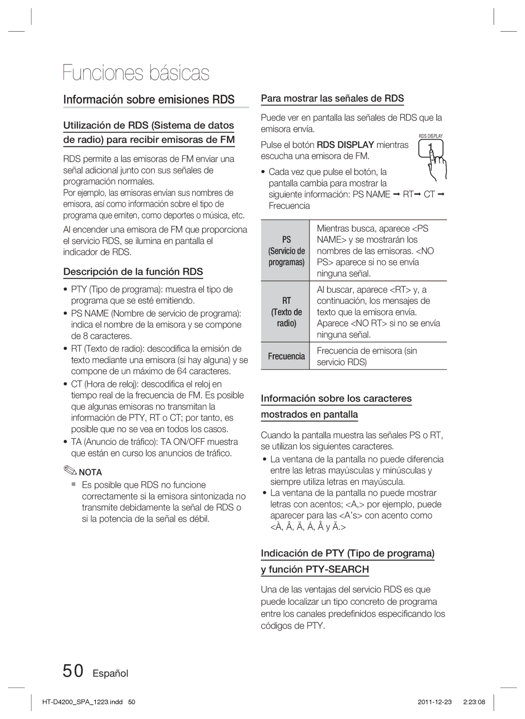 Samsung HT-D4200/ZF manual Información sobre emisiones RDS, Descripción de la función RDS, Para mostrar las señales de RDS 