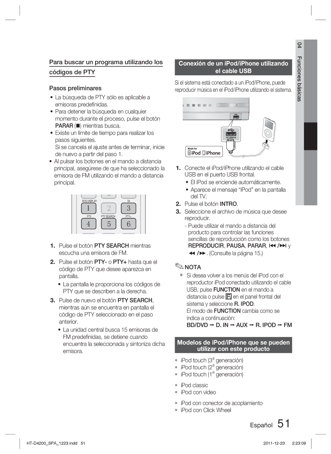 Samsung HT-D4200/ZF manual  /. Consulte la página, BD/DVD D. AUX R. Ipod FM 