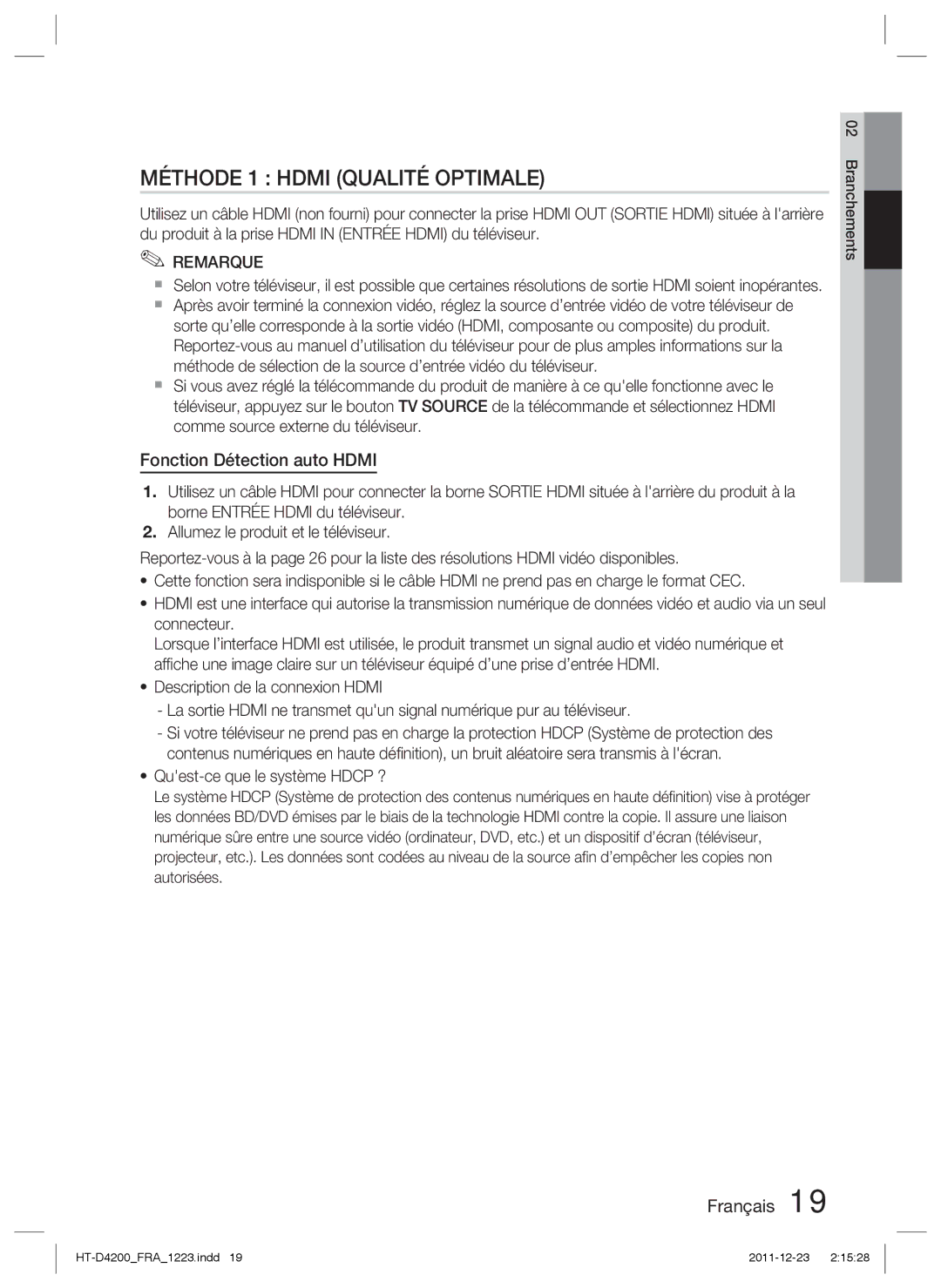 Samsung HT-D4200/ZF manual Méthode 1 Hdmi Qualité Optimale, Fonction Détection auto Hdmi 