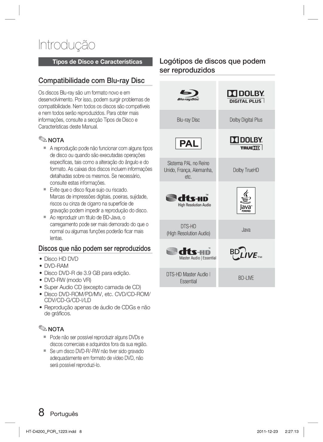 Samsung HT-D4200/ZF manual Compatibilidade com Blu-ray Disc, Logótipos de discos que podem ser reproduzidos 