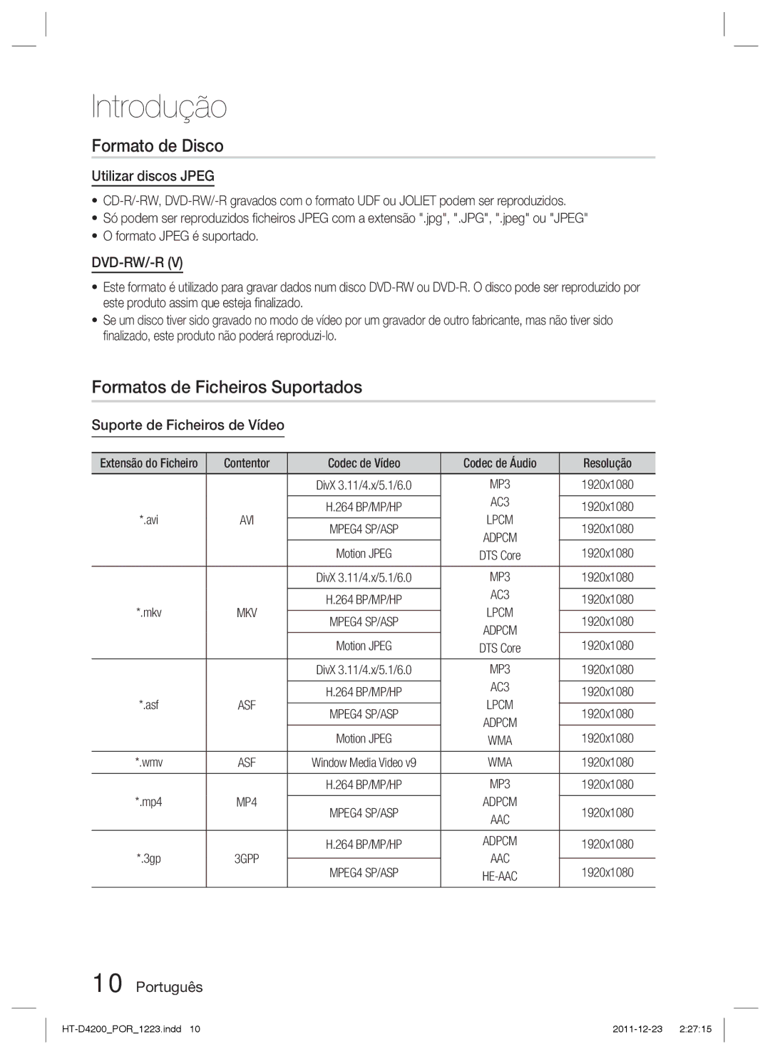 Samsung HT-D4200/ZF manual Formatos de Ficheiros Suportados, Utilizar discos Jpeg, Suporte de Ficheiros de Vídeo 