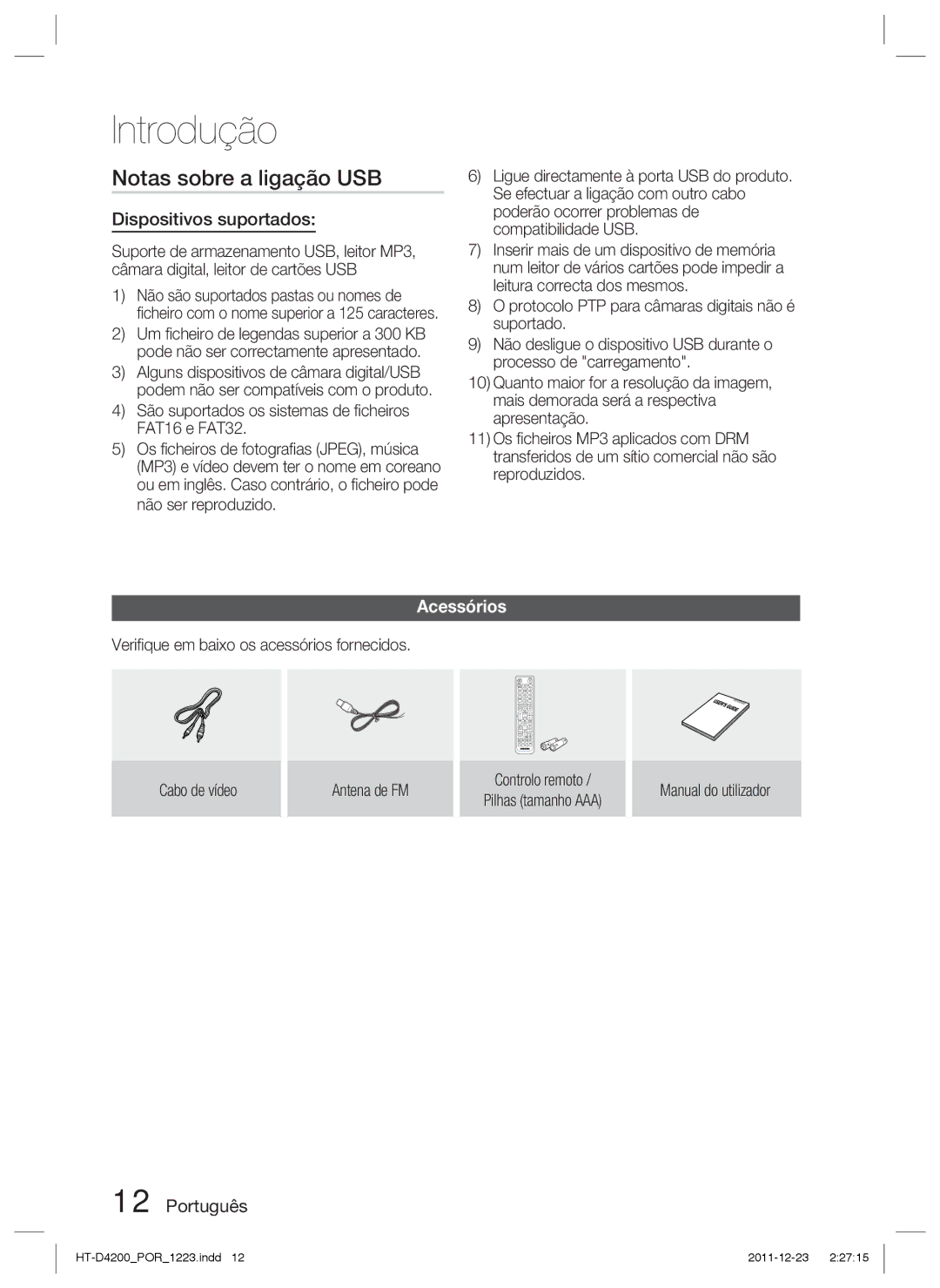 Samsung HT-D4200/ZF manual Notas sobre a ligação USB, Dispositivos suportados, Acessórios 