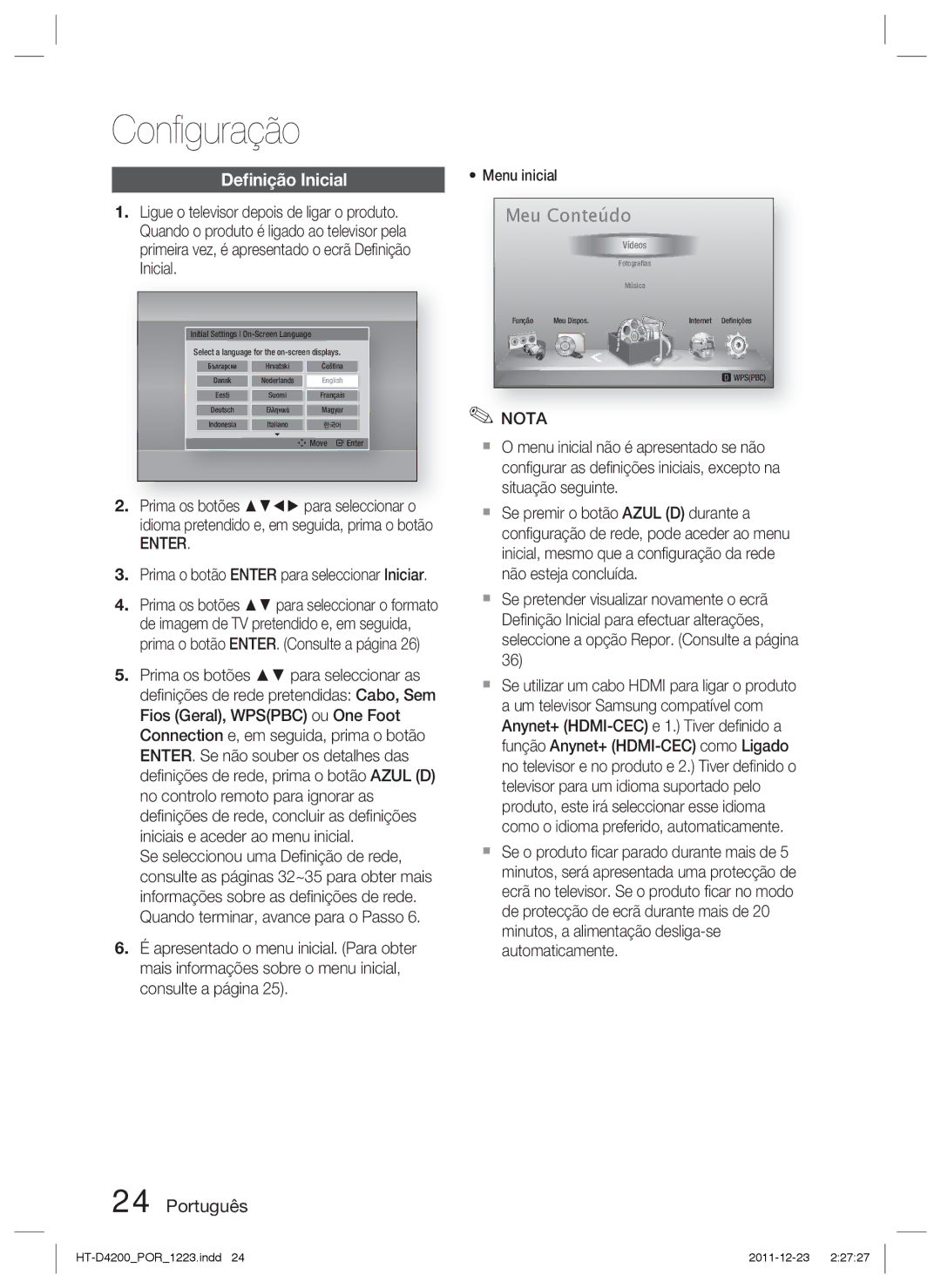 Samsung HT-D4200/ZF manual Conﬁguração, Deﬁnição Inicial, Prima o botão Enter para seleccionar Iniciar 