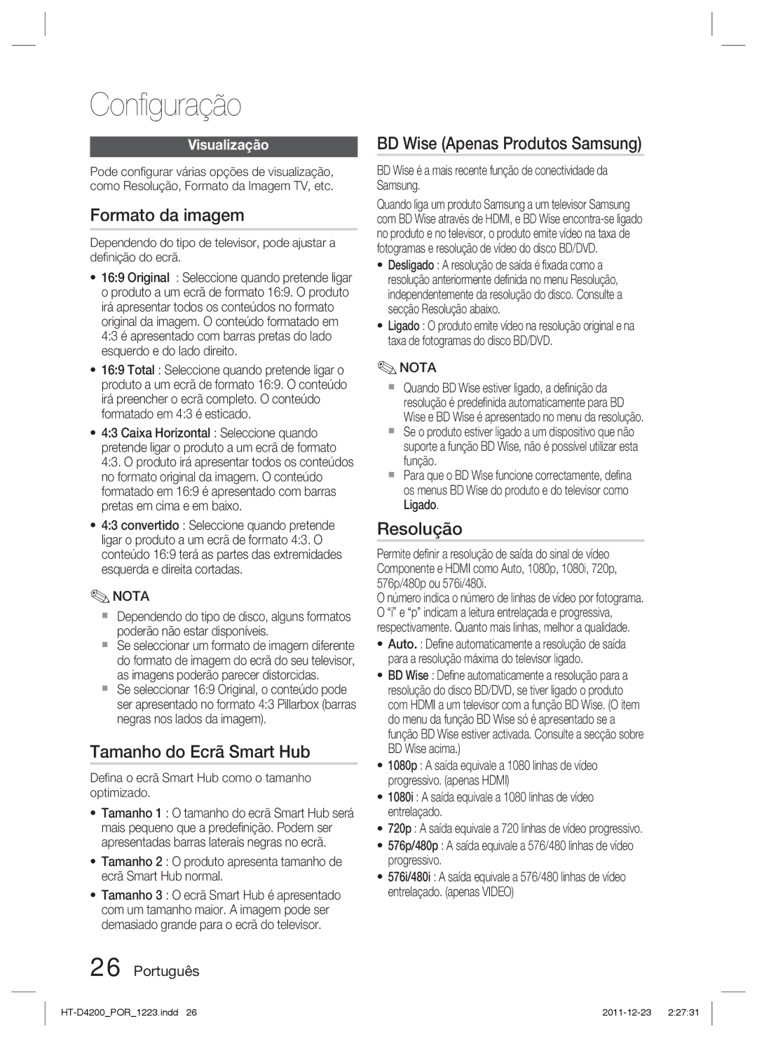 Samsung HT-D4200/ZF manual Formato da imagem, Tamanho do Ecrã Smart Hub, Resolução, Visualização 