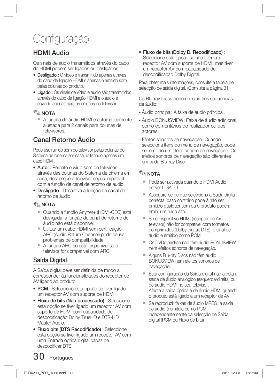 Samsung HT-D4200/ZF manual Canal Retorno Áudio, Saída Digital, Desligado Desactiva a função de canal de retorno de áudio 