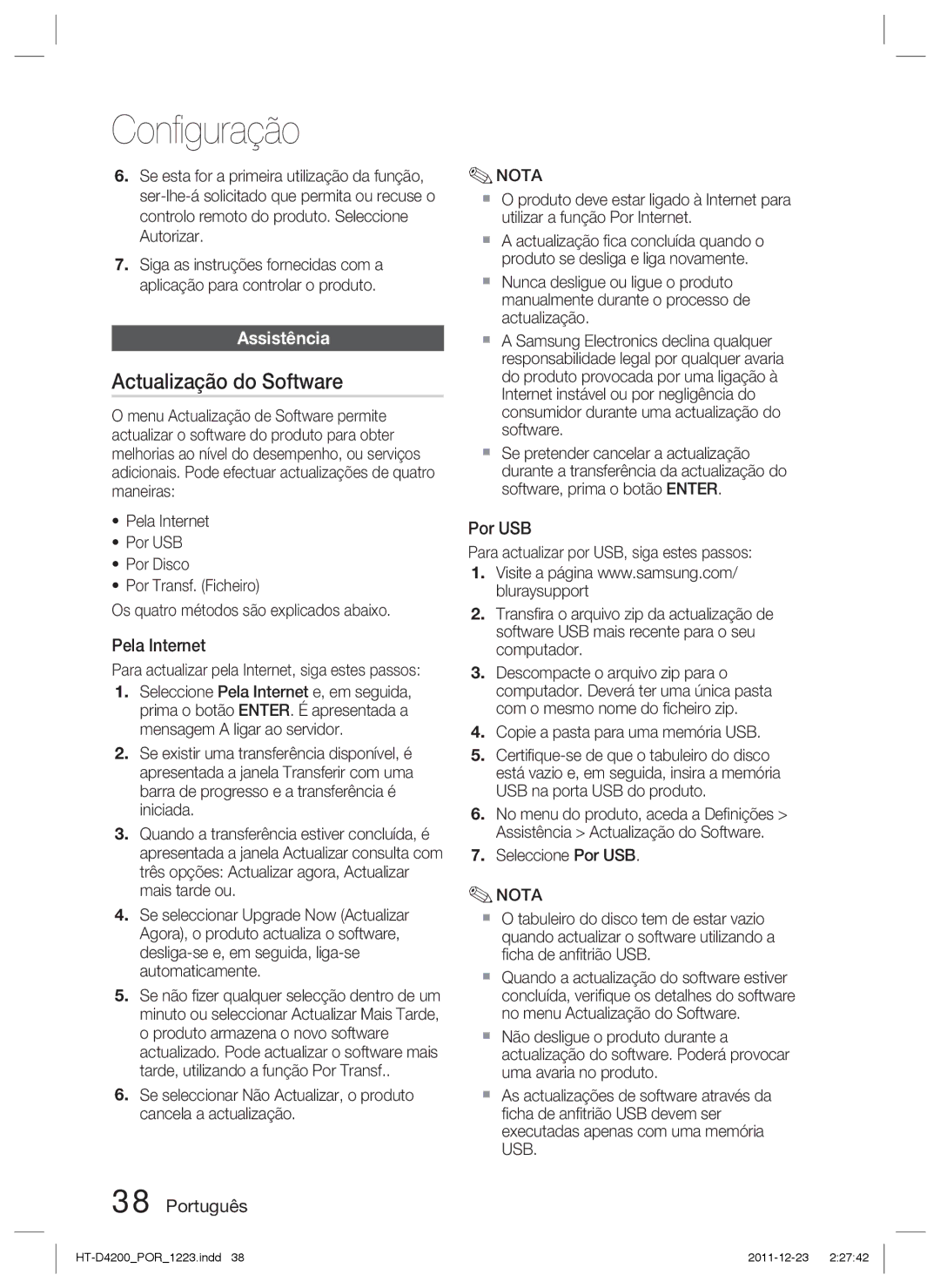 Samsung HT-D4200/ZF Actualização do Software, Assistência, Pela Internet, Para actualizar pela Internet, siga estes passos 