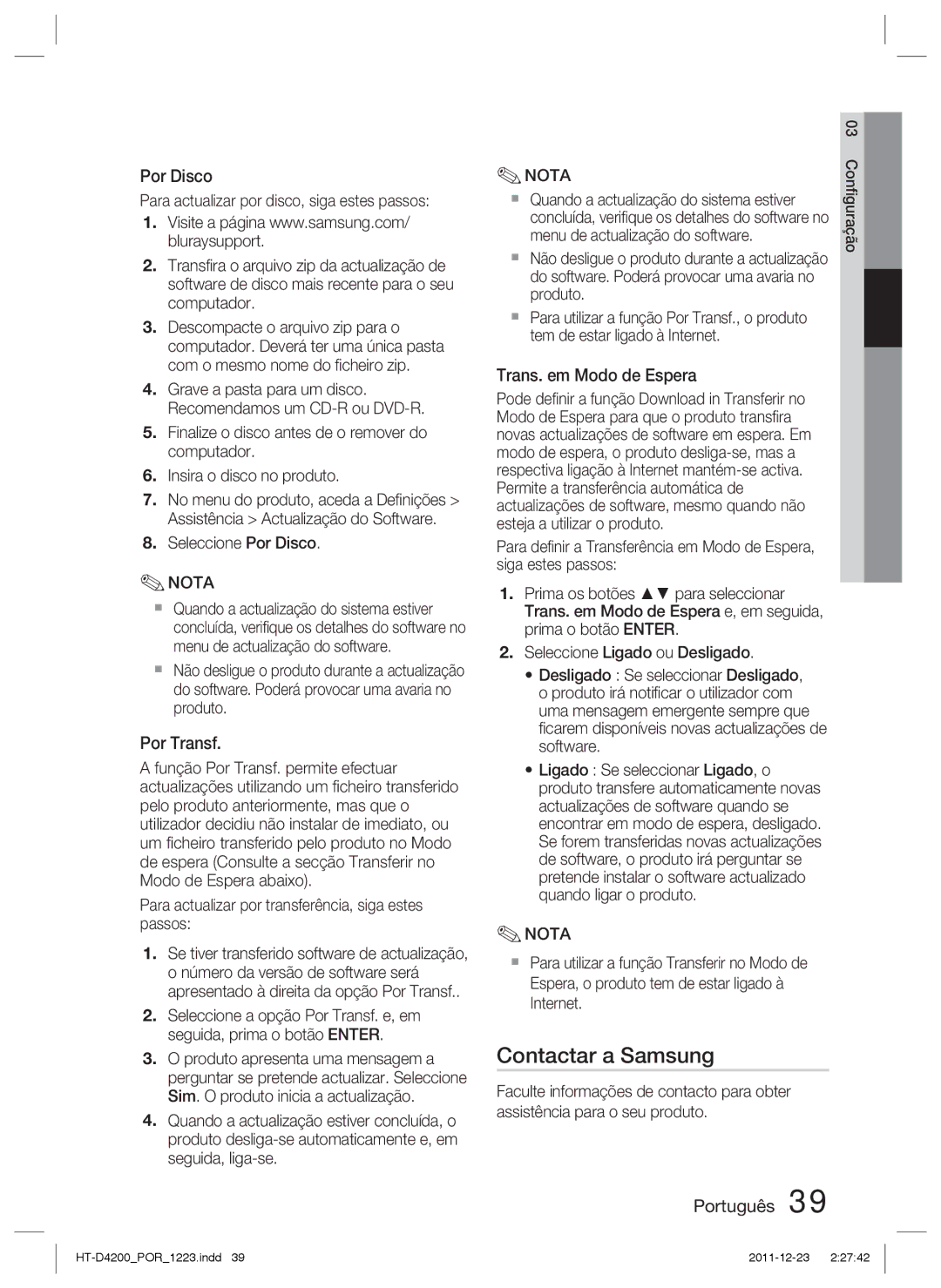 Samsung HT-D4200/ZF manual Contactar a Samsung, Por Transf, Trans. em Modo de Espera 