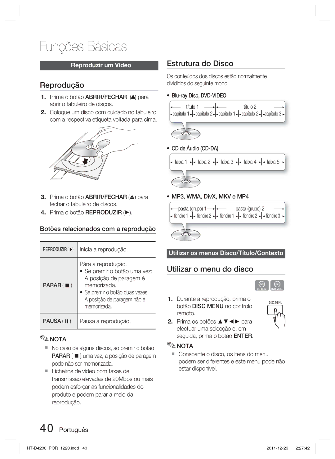 Samsung HT-D4200/ZF manual Funções Básicas, Reprodução, Estrutura do Disco, Utilizar o menu do disco 