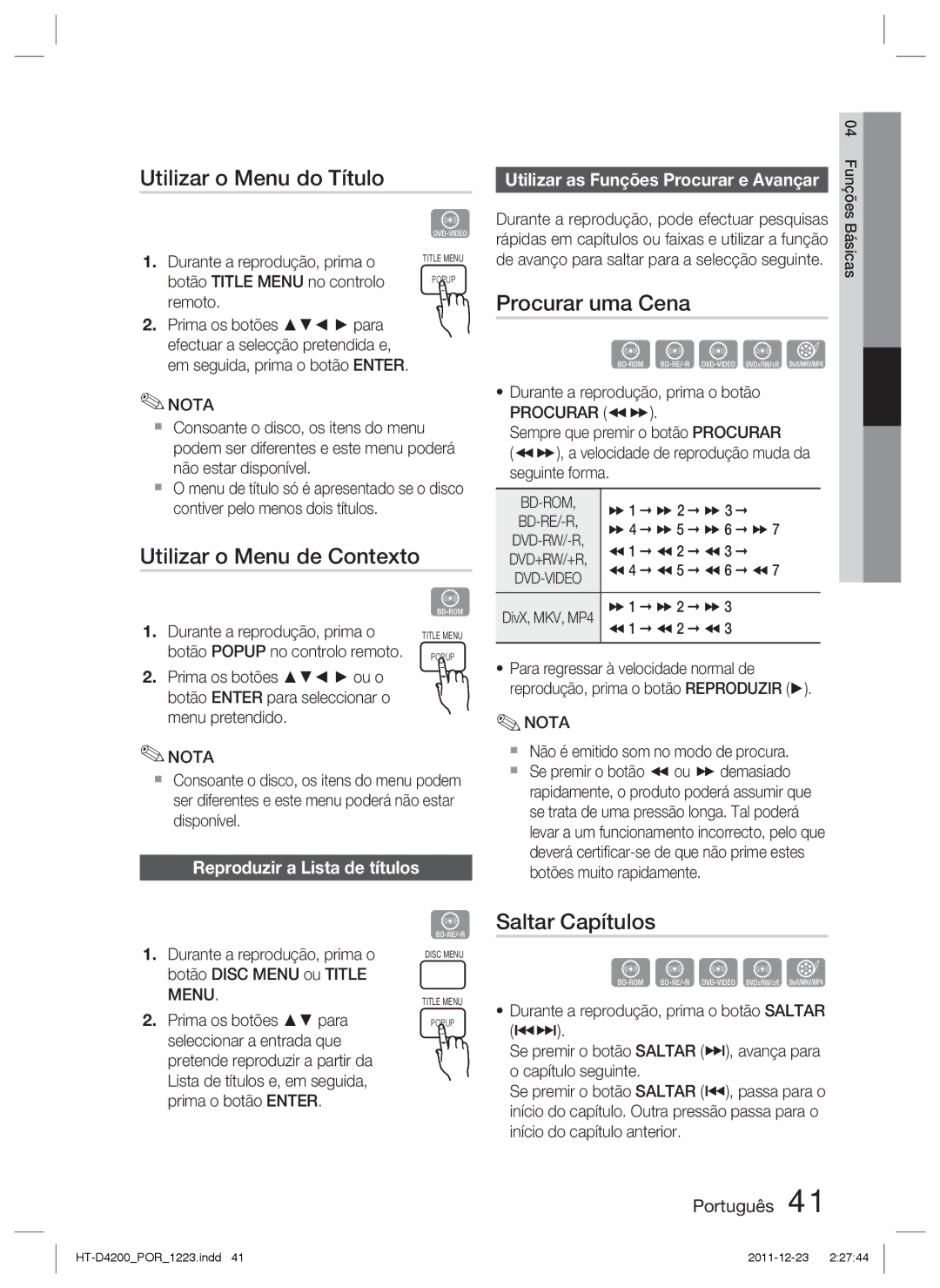 Samsung HT-D4200/ZF manual Utilizar o Menu do Título, Procurar uma Cena, Utilizar o Menu de Contexto, Saltar Capítulos 