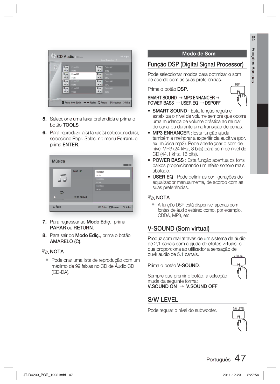 Samsung HT-D4200/ZF manual Sound Som virtual, Função DSP Digital Signal Processor, Modo de Som, Prima o botão DSP 