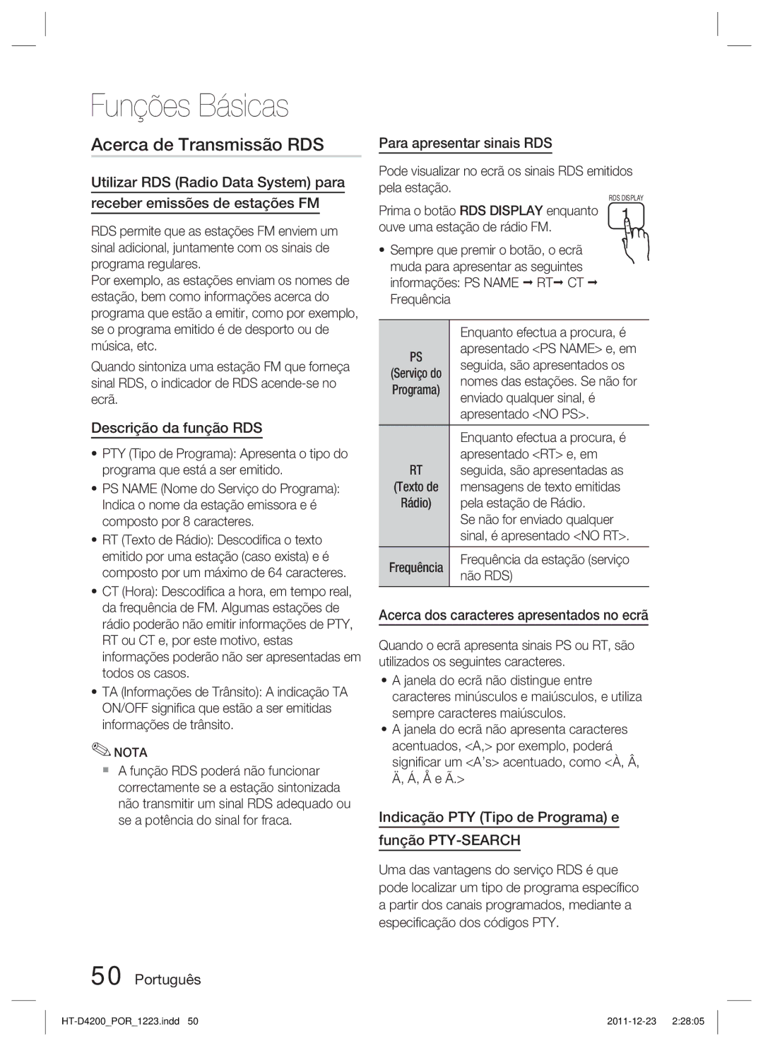 Samsung HT-D4200/ZF manual Acerca de Transmissão RDS, Descrição da função RDS, Português Para apresentar sinais RDS 