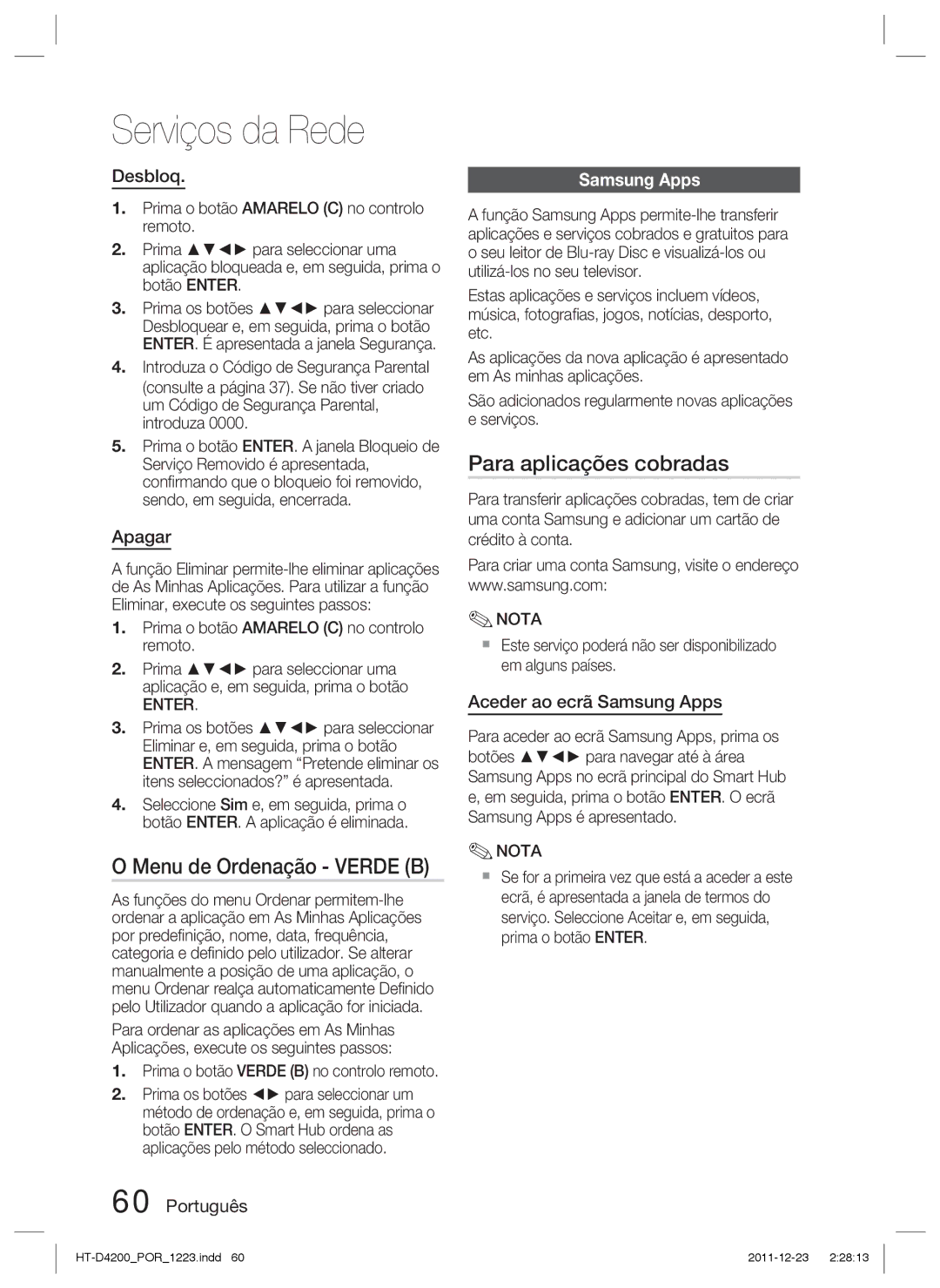 Samsung HT-D4200/ZF Menu de Ordenação Verde B, Para aplicações cobradas, Desbloq, Apagar, Aceder ao ecrã Samsung Apps 