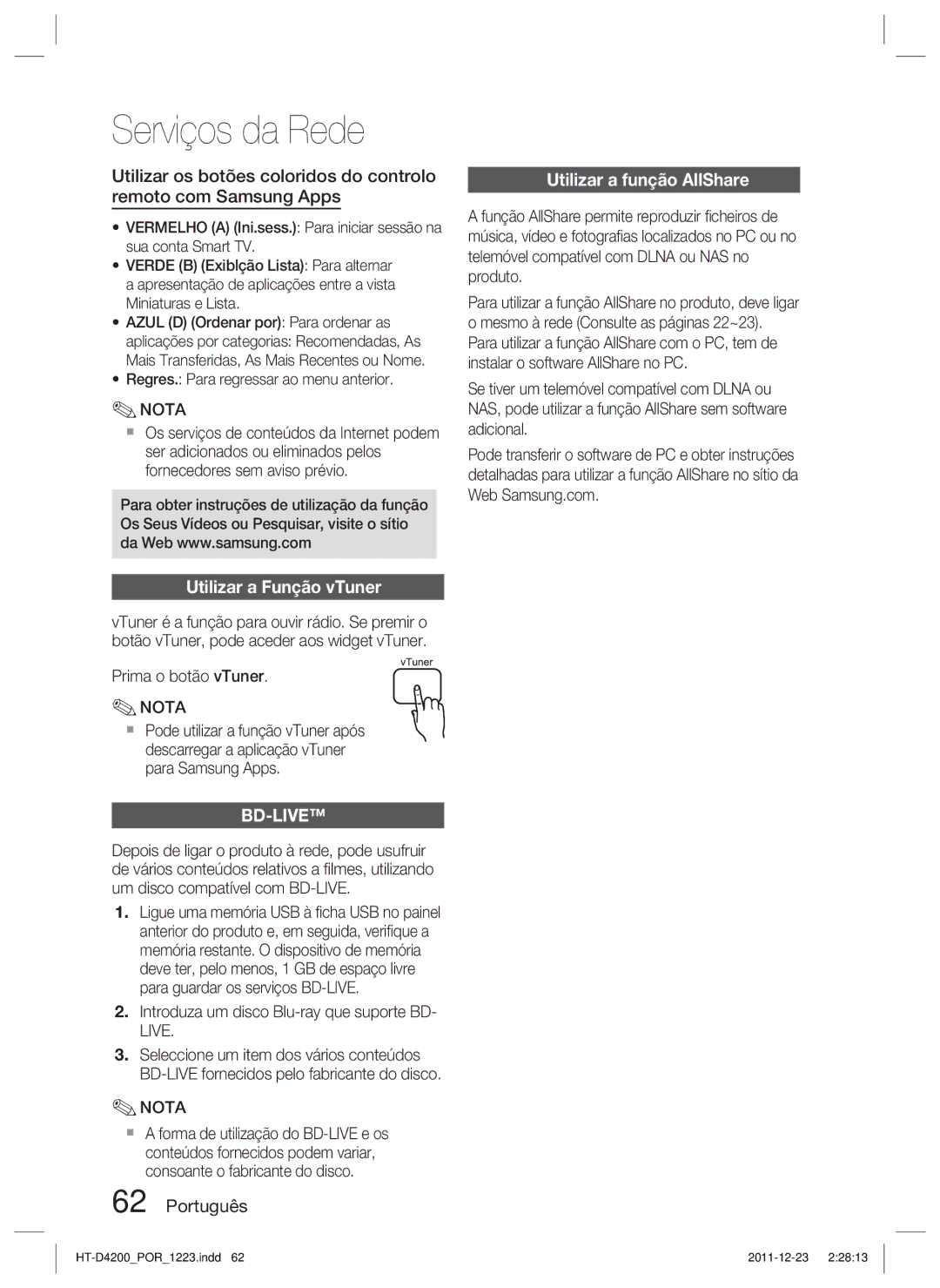 Samsung HT-D4200/ZF manual Utilizar a Função vTuner, Utilizar a função AllShare, Regres. Para regressar ao menu anterior 