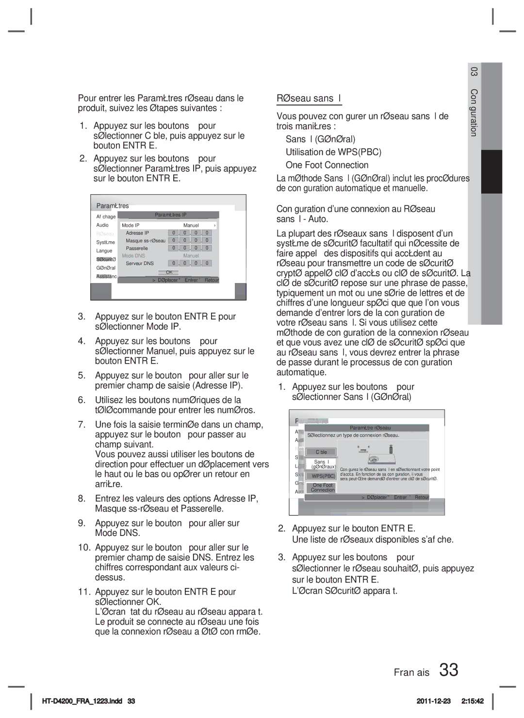 Samsung HT-D4200/ZF manual Réseau sans ﬁl, Appuyez sur les boutons pour sélectionner Sans ﬁl Général 