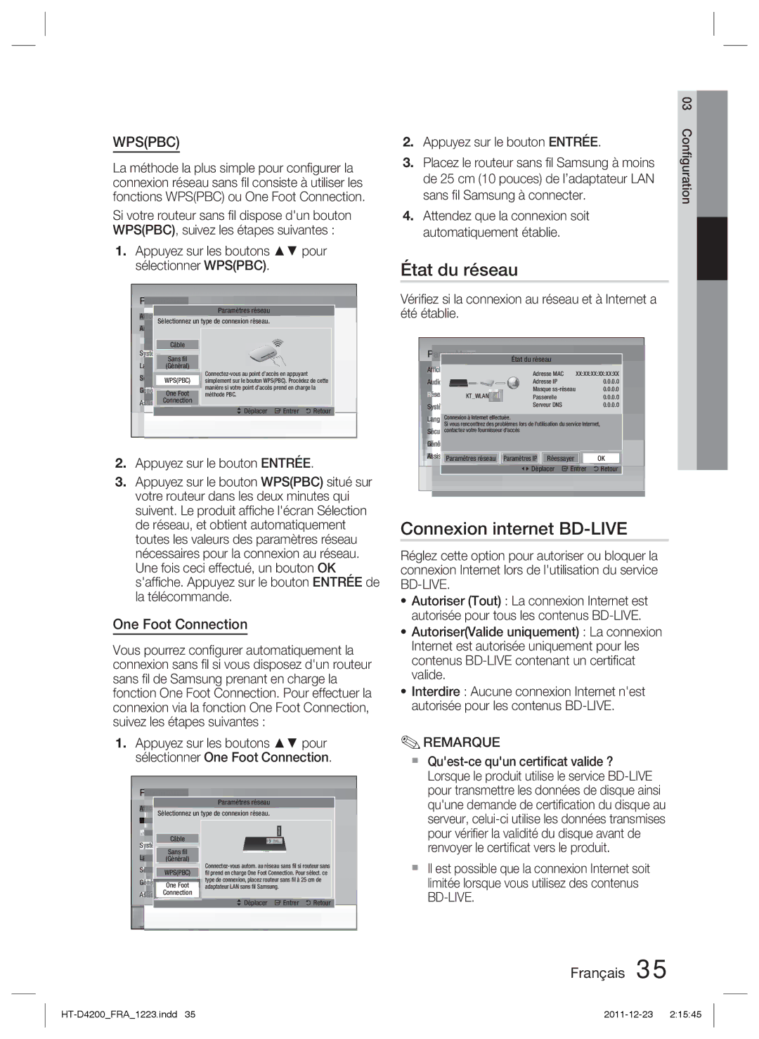 Samsung HT-D4200/ZF manual État du réseau, Connexion internet BD-LIVE, One Foot Connection, Sans ﬁl Samsung à connecter 