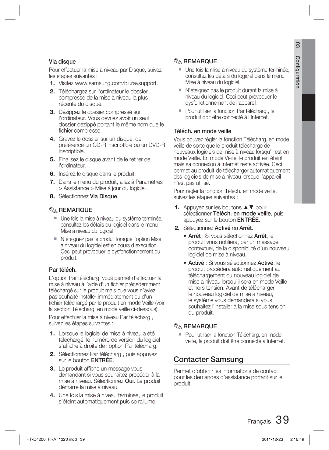 Samsung HT-D4200/ZF manual Contacter Samsung, Via disque, Par téléch, Téléch. en mode veille 