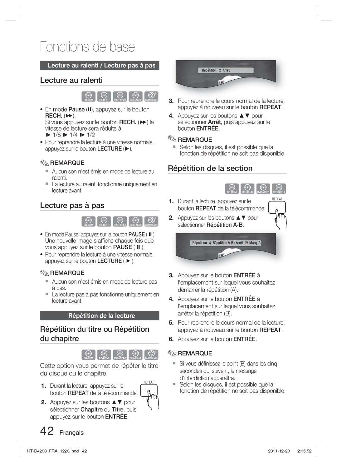 Samsung HT-D4200/ZF manual Lecture au ralenti, Lecture pas à pas, Répétition du titre ou Répétition du chapitre 