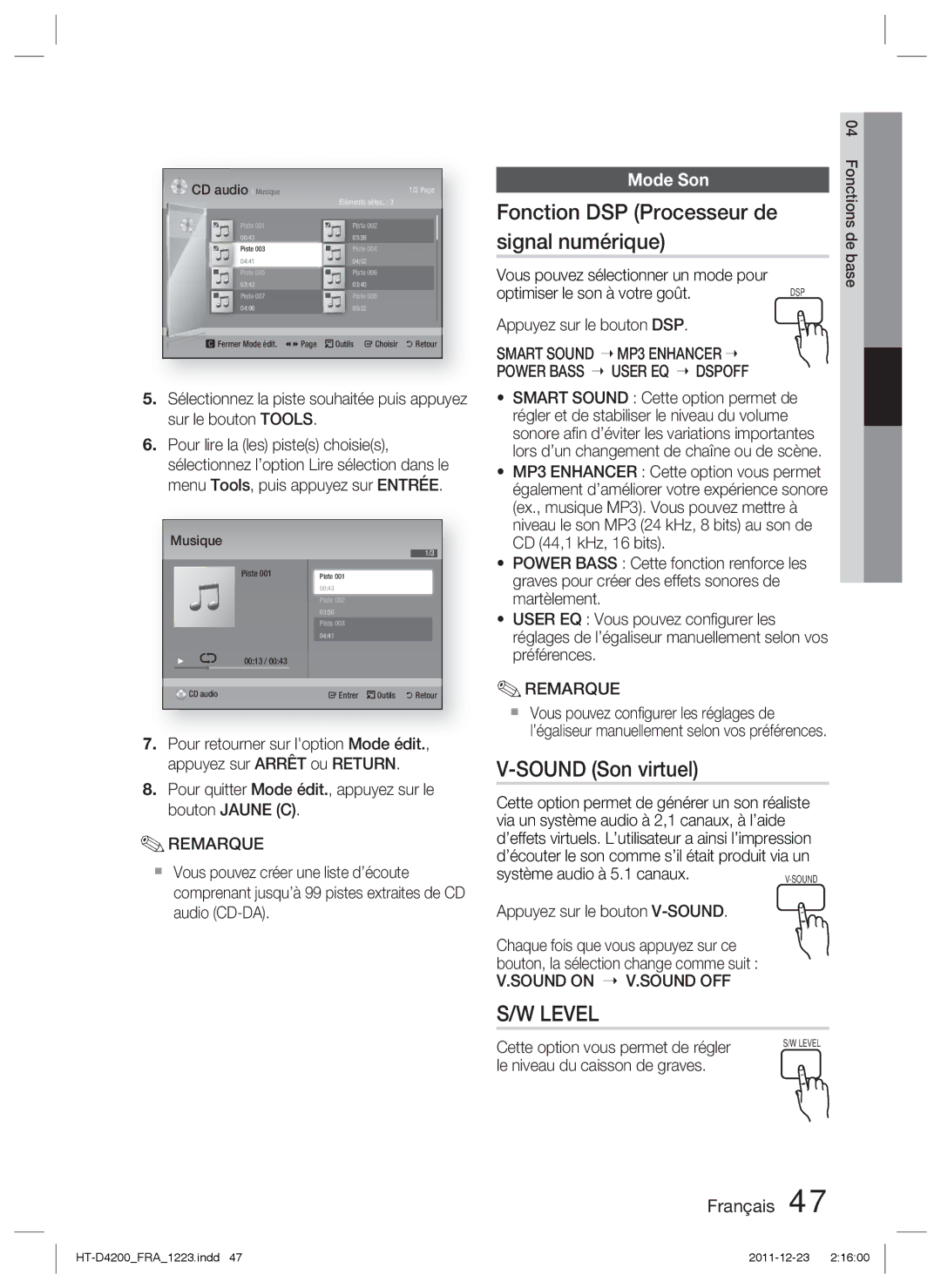 Samsung HT-D4200/ZF manual Fonction DSP Processeur de signal numérique, Sound Son virtuel, Mode Son, Sound on V.SOUND OFF 