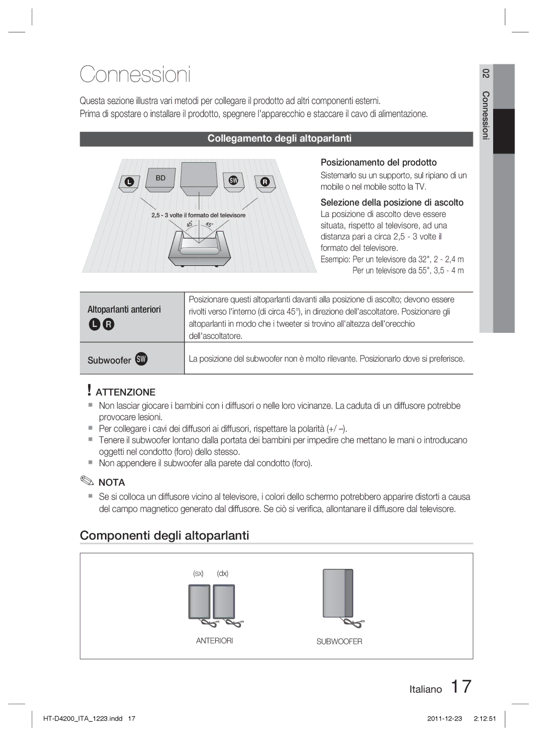 Samsung HT-D4200/ZF manual Connessioni, Componenti degli altoparlanti, Collegamento degli altoparlanti 