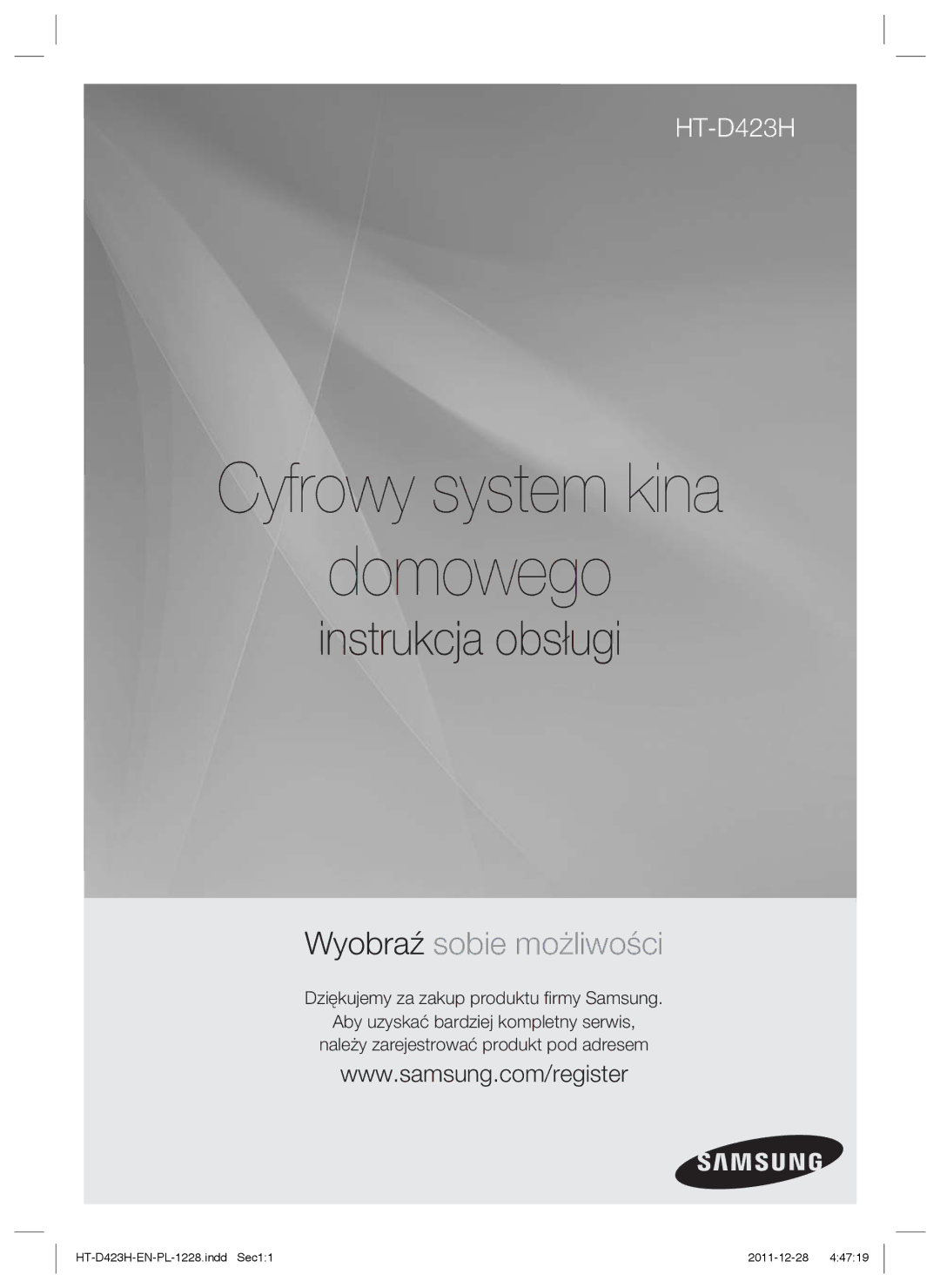 Samsung HT-D423H/XE, HT-D423H/EN manual Cyfrowy system kina Domowego, Dziękujemy za zakup produktu ﬁrmy Samsung 