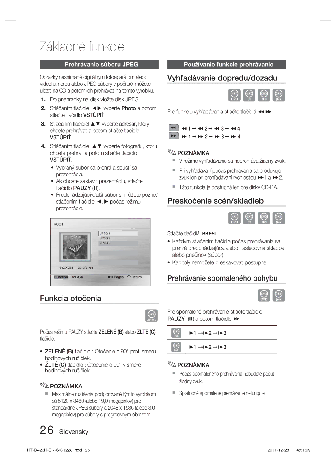 Samsung HT-D423H/EN, HT-D423H/XE manual Funkcia otočenia, Vyhľadávanie dopredu/dozadu, Preskočenie scén/skladieb 